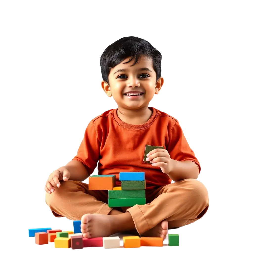 Smiling child playing with colourful building blocks